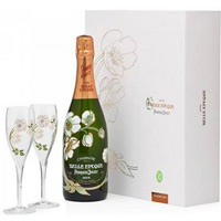 Perrier Jouet 2007 Belle Epoque Brut Champagne Gift Set w/ Two Matching Painted Glasses